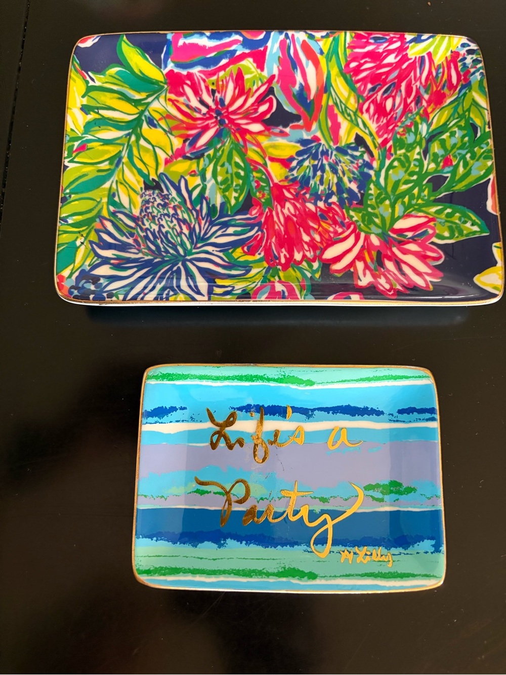 Lilly Pulitzer Navy, Pink, Green & Yellow Floral and Blue Striped Trinket Trays